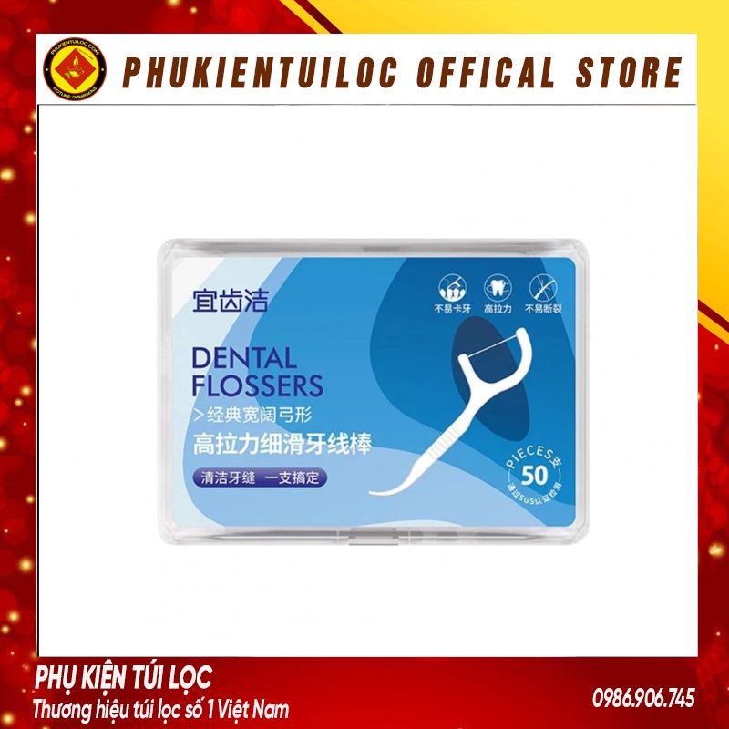 Tăm chỉ nha khoa DENTAL FLOSSERS hộp 50 chiếc tiệt trùng sợi chỉ mảnh- Phukientuiloc