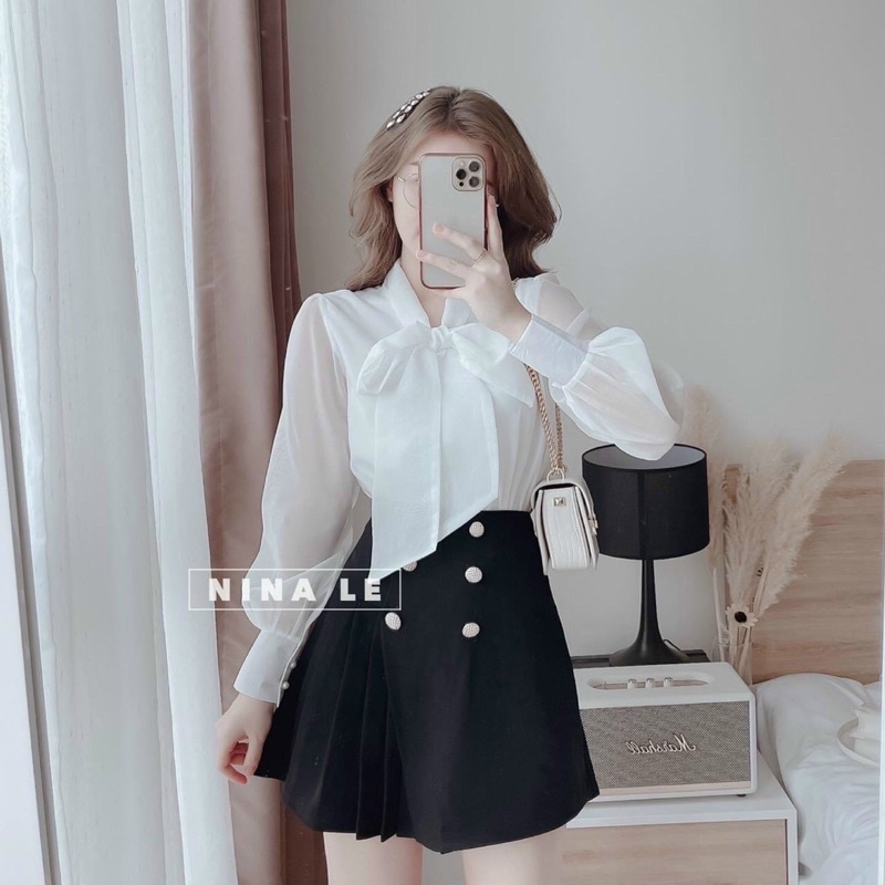 Áo sơ mi tay bồng cổ nơ khuy ngọc tiểu thư _ Hàng loại đẹp