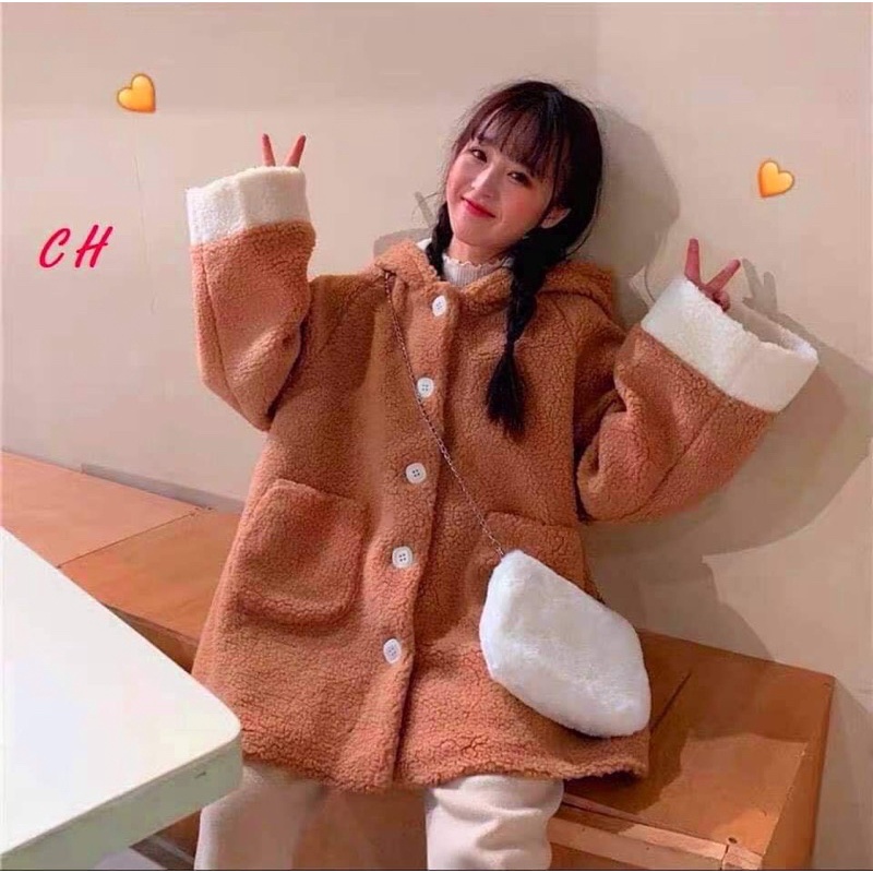 áo khoác lông mũ tai gấu có đuôi nâu cam CH