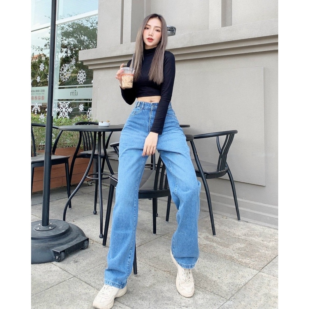 Quần Jeans Nữ Ống Rộng SIMPLE JEANS Xanh Nhạt Lưng Cao Dáng Suông Ulzzang