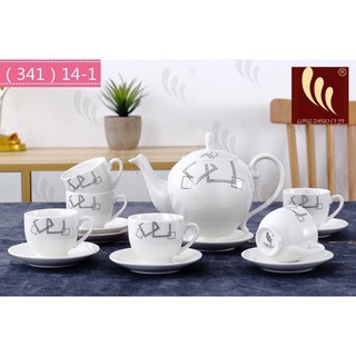 Bộ ấm chén uống trà sứ trắng hoa ô vuông