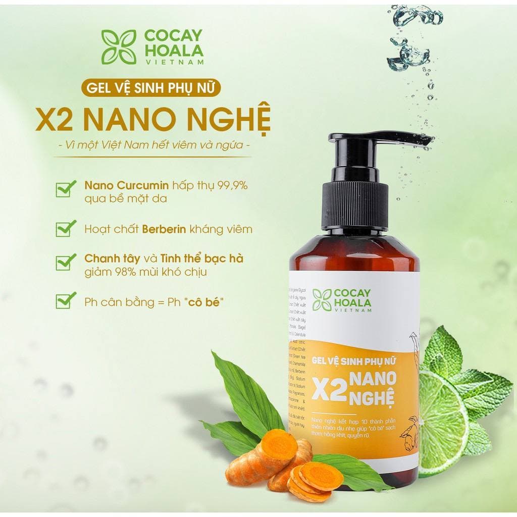 Dung dịch vệ sinh phụ nữ Giảm Ngứa Gel X2 Nano Nghệ Cỏ Cây Hoa Lá 150 ml