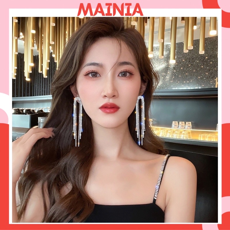 [Siêu Đẹp] Bông Tai 2 Hàng Dây Đá Lấp Lánh Đơn Giản Sang Chảnh Thanh Lịch Dự Tiệc Mainia Shop