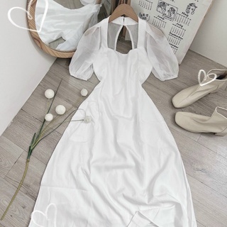 đầm midi trắng tay voan