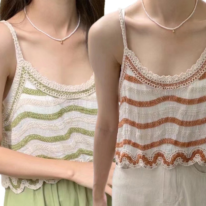 Xiangbao Áo Croptop Hai Dây Phối Ren Gợn Sóng Thêu Họa Tiết Sọc Màu Sắc Tương Phản Dành Cho Nữ Đi Biển