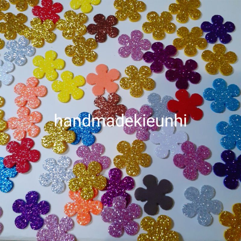 50 - 100 - 150 Hoa mai 3.5cm, 2.3cm, 1.5cm bằng giấy xốp kim tuyến - Hình trang trí thiệp, lớp học,  hoa handmade....