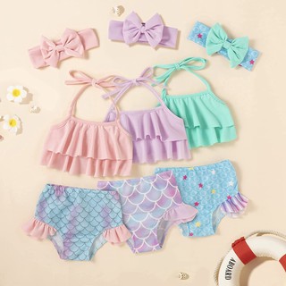 Bộ đồ bơi bikini hai mảnh phối bèo hình nàng tiên cá dễ thương cho bé gái#