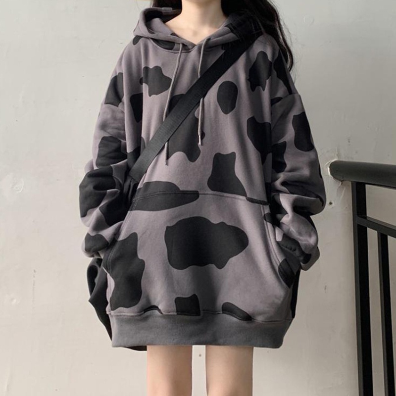 Áo Hoodie Dây Rút Tay Dài Dáng Rộng In Họa Tiết Bò Sữa Dễ Thương Phong Cách Harajuku Cho Nữ
