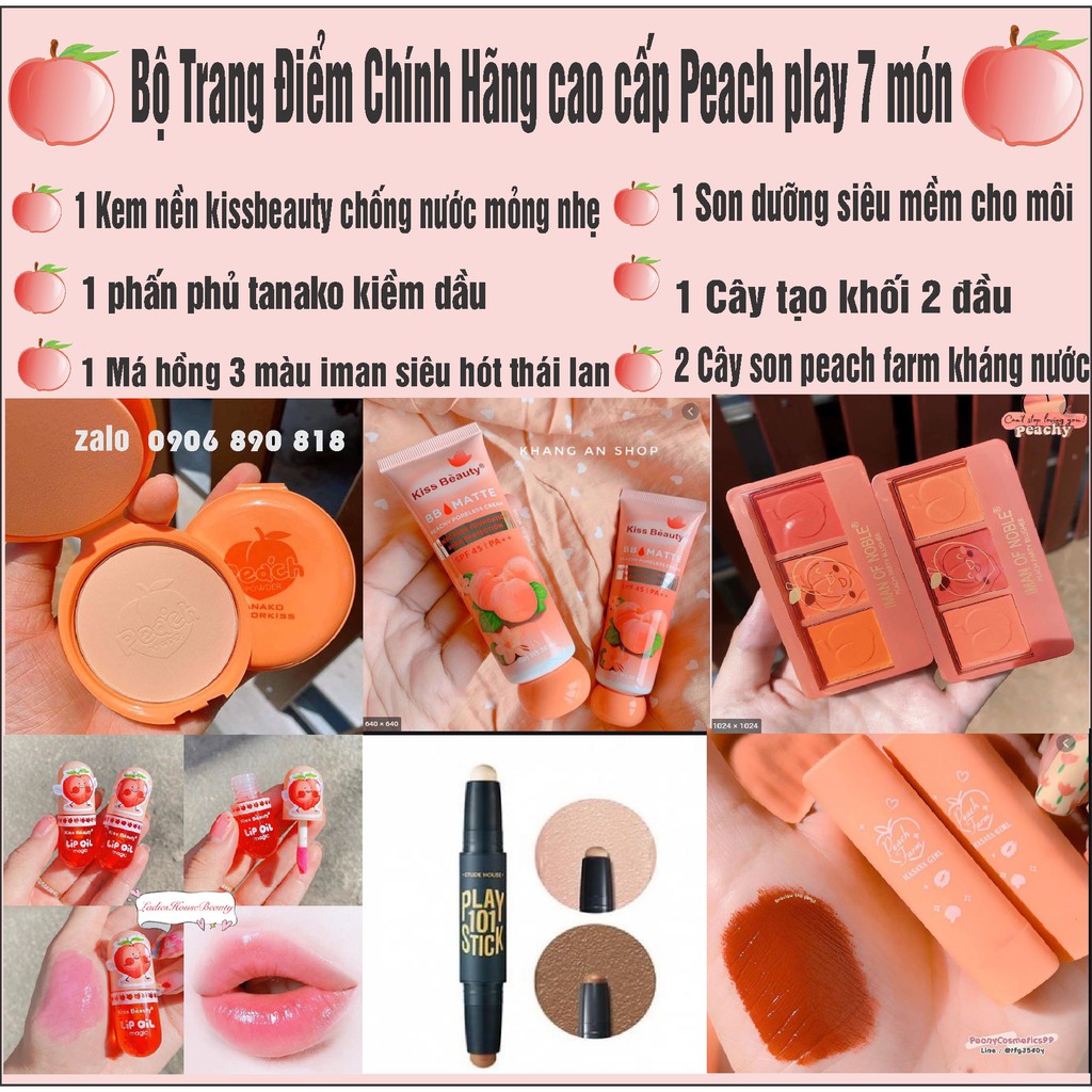 Bộ Trang Điểm Chính Hãng cao cấp Peach play 7 món gồm phấn phủ , kem nền, tạo khối, má hồng , son kem, son dưỡng
