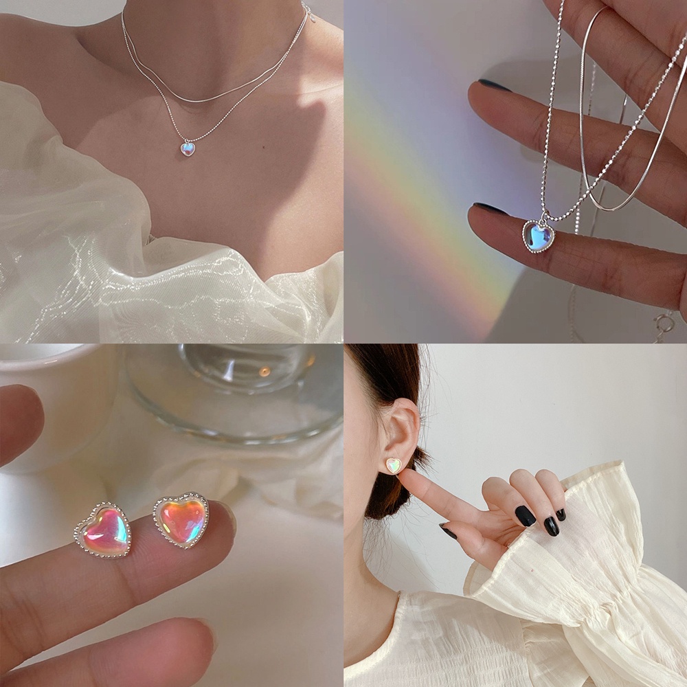 Vòng cổ Hai Lớp Mặt Đá Opal Hình Trái Tim Thời Trang Hàn Quốc