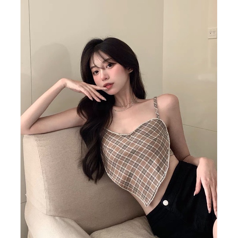 áo 2s 2 dây trái tim viền đá nổi bật - sọc kẻ caro hở lưng sexy (061#)