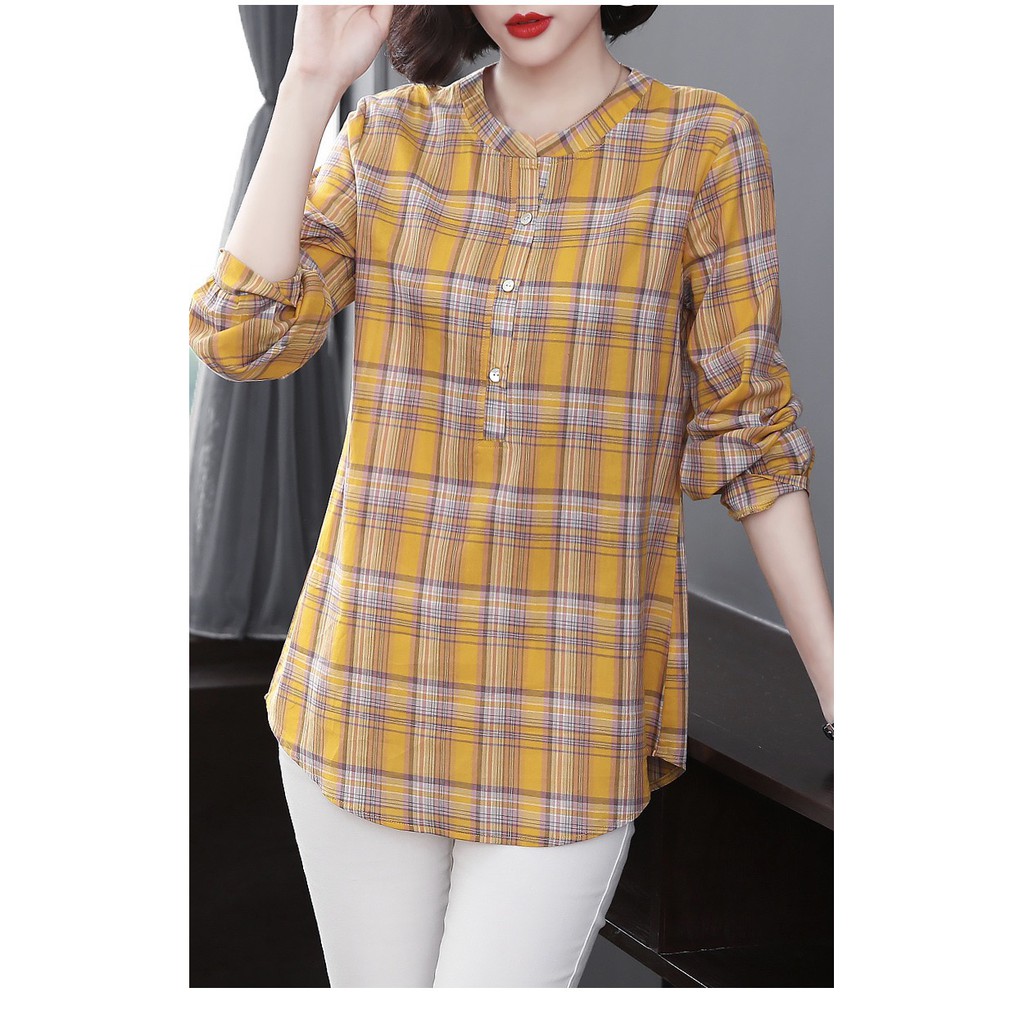 Áo sơ mi caro tay dài kích thước rộng phong cách phương tây dành cho nữ