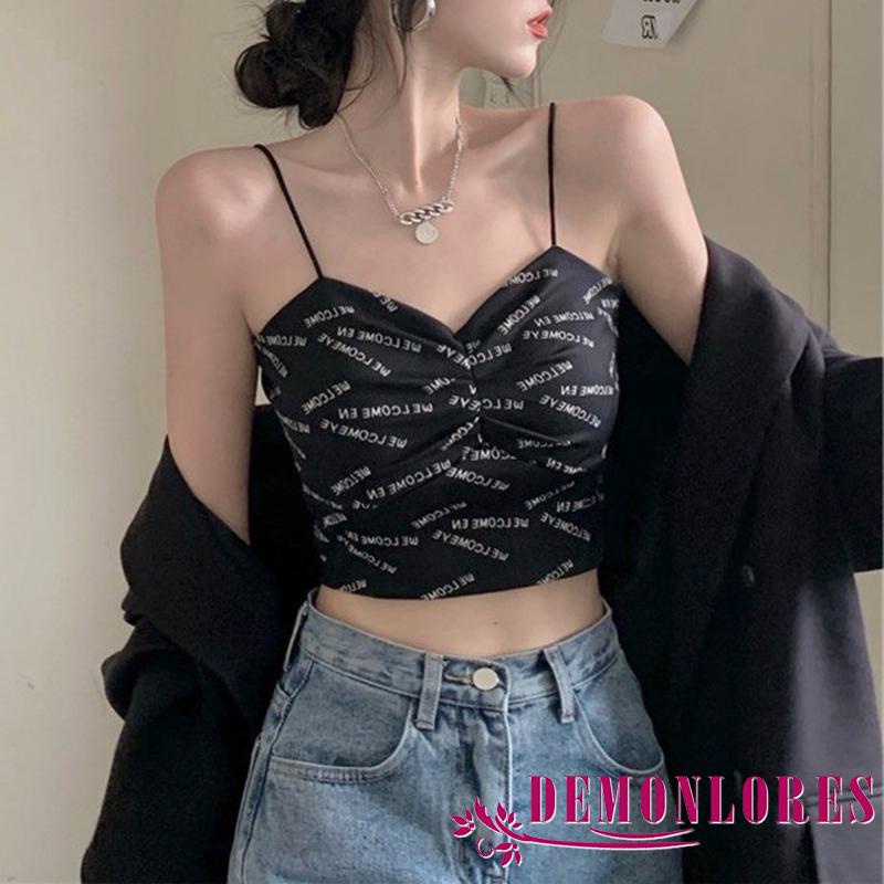Áo Croptop Hai Dây Cổ Chữ V In Chữ Gợi Cảm Cho Nữ