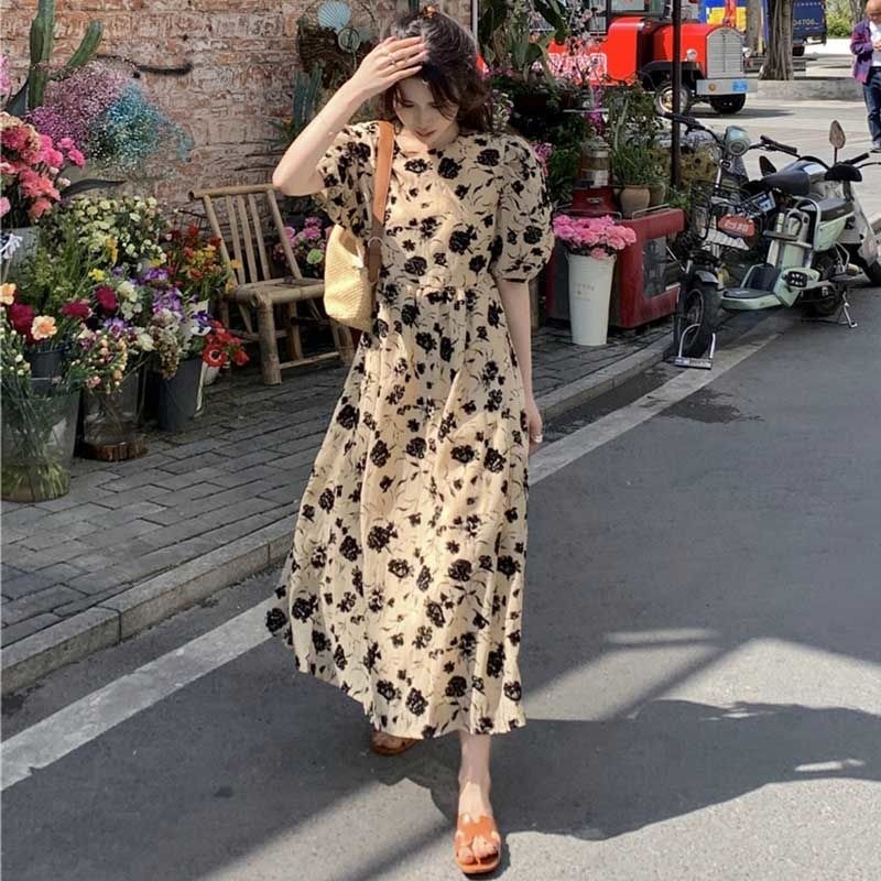 Đầm Dài Đến Gối Tay Phồng In Họa Tiết Hoa Phong Cách Retro Thời Trang Mùa Hè Mới