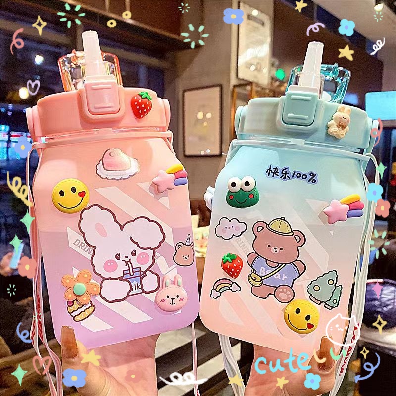 Bình nước cute ly thủy tinh có nắp bình giữ nhiệt băng keo thể thao , Bình nước chia vạch 1500ml nhắc nhở uống nước