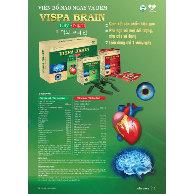 VISPA BRAIN viên bổ não ngày và đêm Hỗ trợ hoạt huyết, tăng tuần hoàn não cải thiện giấc ngủ Hộp 2 lọ x 30 viên