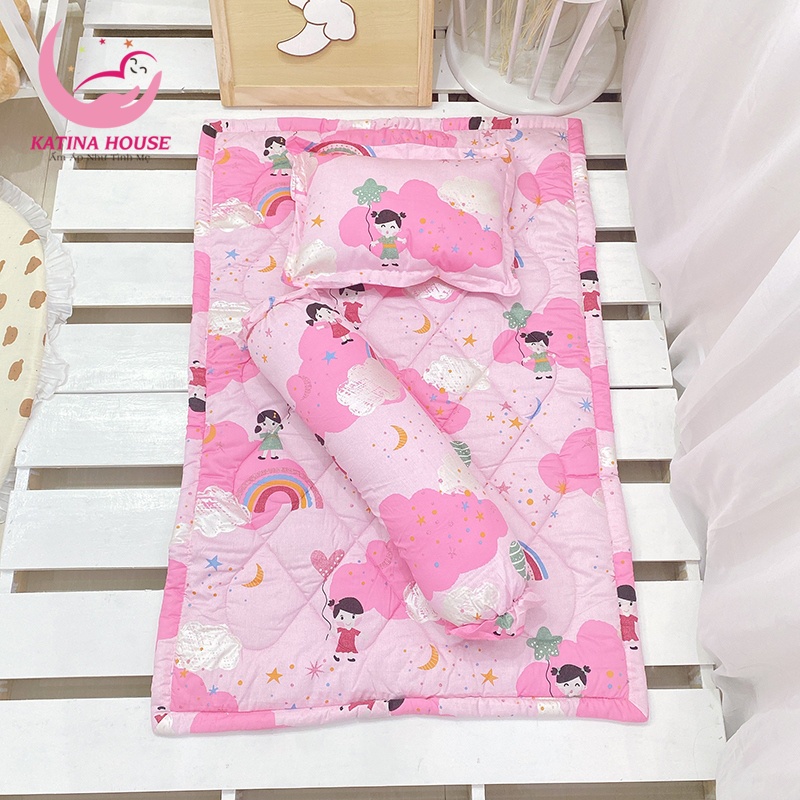 [Tặng kèm túi]Bộ nệm gối cho bé có kèm mền gối ôm , 80x120cm,vải cotton satin hàn quốc mềm, mát, sắc nét,phù hợp bé 1-5
