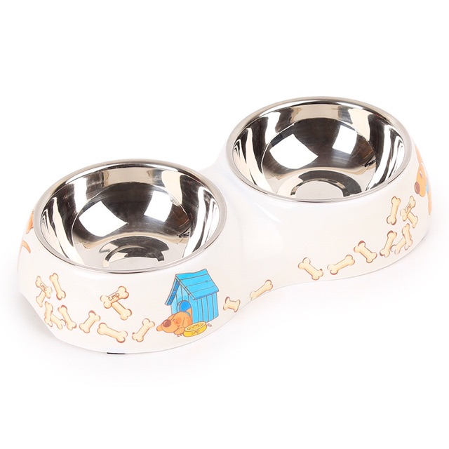 Chén đôi melamine lớn có kèm chén inox cho chó mèo