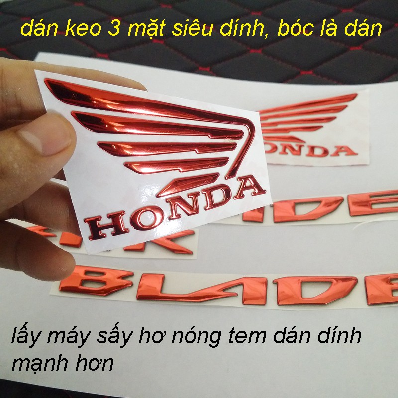 Bộ tem Air Blade, logo AB, Cánh Chim Honda 3D nổi màu Đỏ