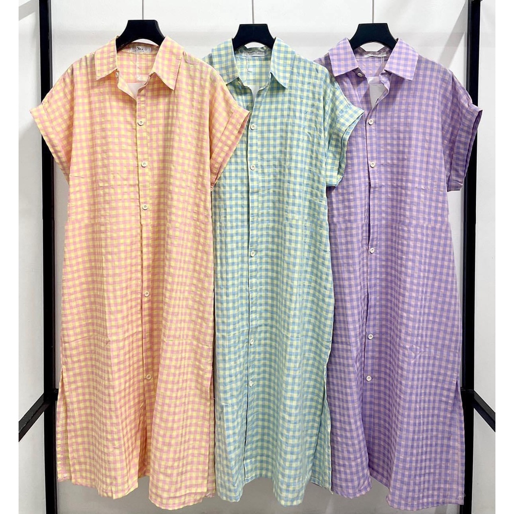 Váy sơmi basic xốp kẻ ô,đầm dáng suông,maxi dài đủ 3 màu bầu bí bon chen thoải mái-Minxy shop