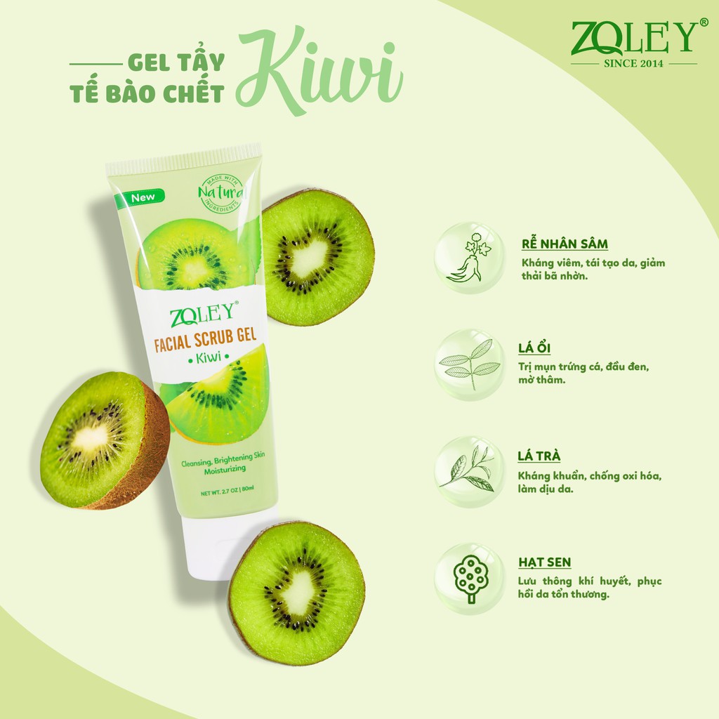 Tẩy Tế Bào Chết Cho Da Mặt Kiwi 80ml - giúp loại bỏ bụi bẩn và lớp tế bào chết, lớp sừng và lớp da cằn cỗi