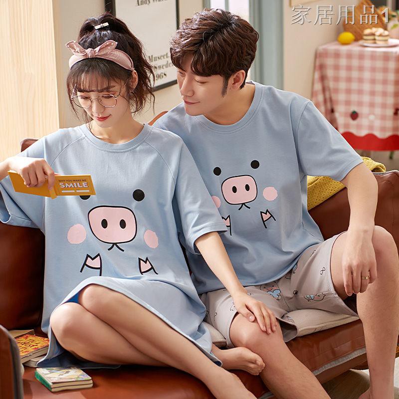 ☇Cặp đôi pyjama nữ mùa hè cotton ngắn tay Hàn Quốc nam kiểu dáng rộng rãi mỏng ở nhà Hai - bộ đồ1