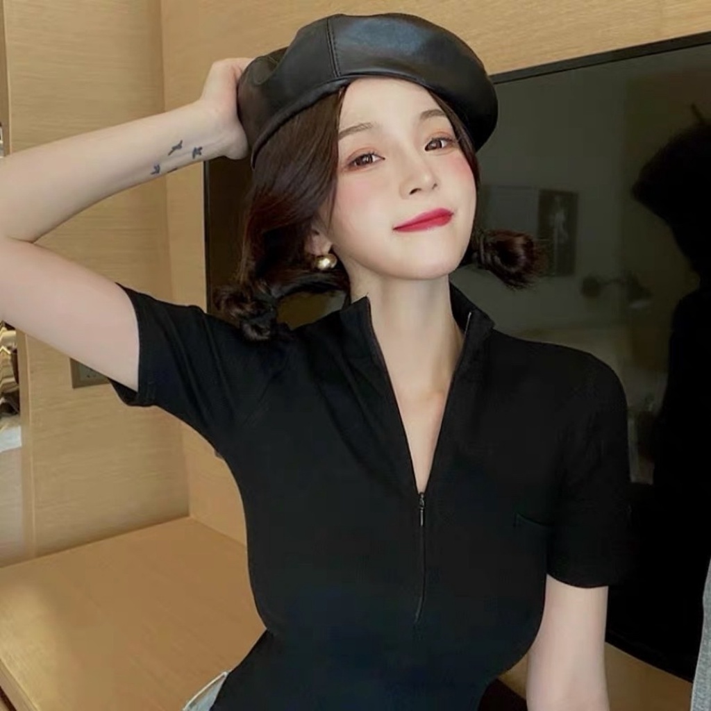 Áo Thun Ngắn Tay Phối Kéo Khoá Dễ Mix Đồ