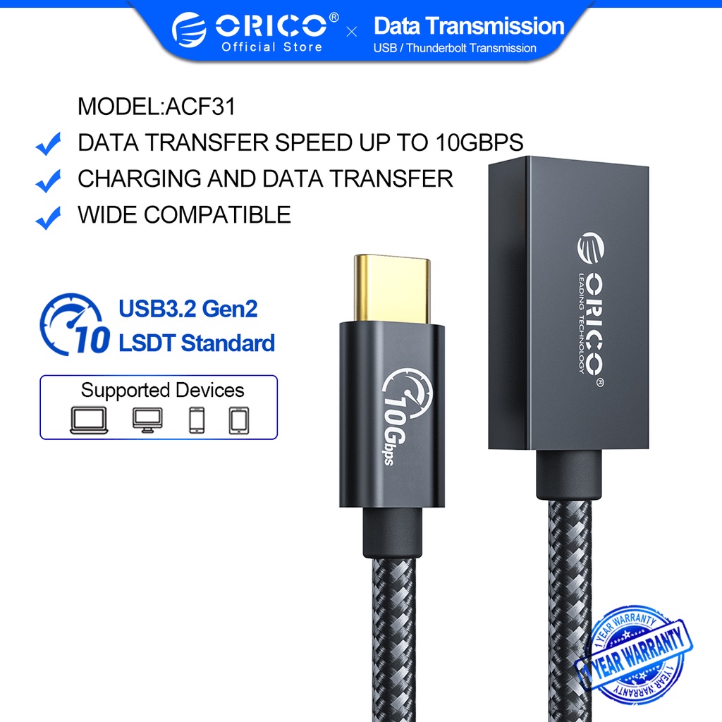 Cáp sạc nhanh ORICO CAF31-03-BK/ACF31-03-BK 10Gbps Gen2 Type-C USB3.1 PD60W cho laptop/máy tính bảng/điện thoại