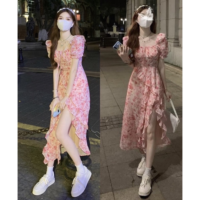 Đầm maxi xẻ tà đuôi cá hoa hồng cổ vuông chun ngực có dây buộc