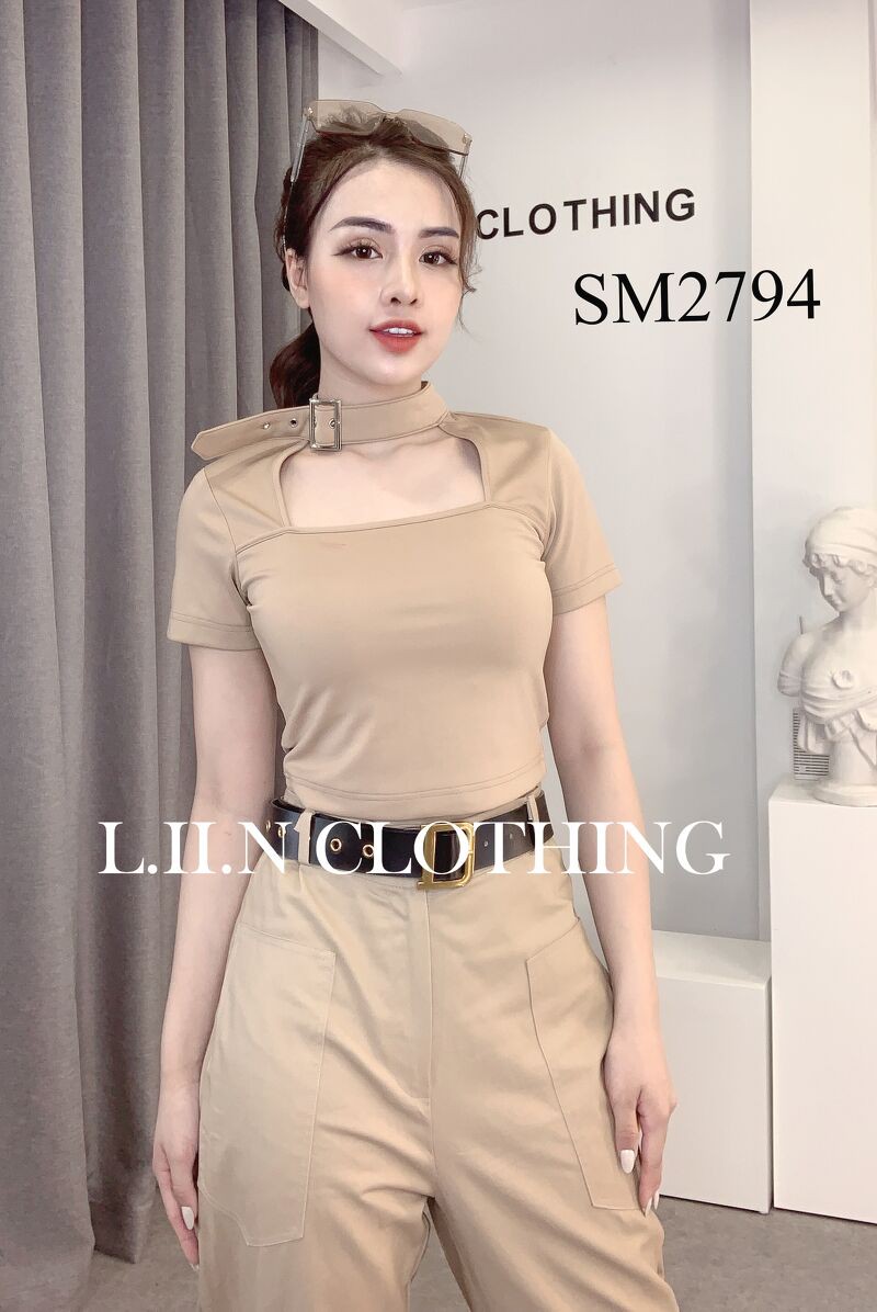 Áo kiểu nữ cộc tay màu nâu chất liệu thun Chocker Liin clothing SM2794