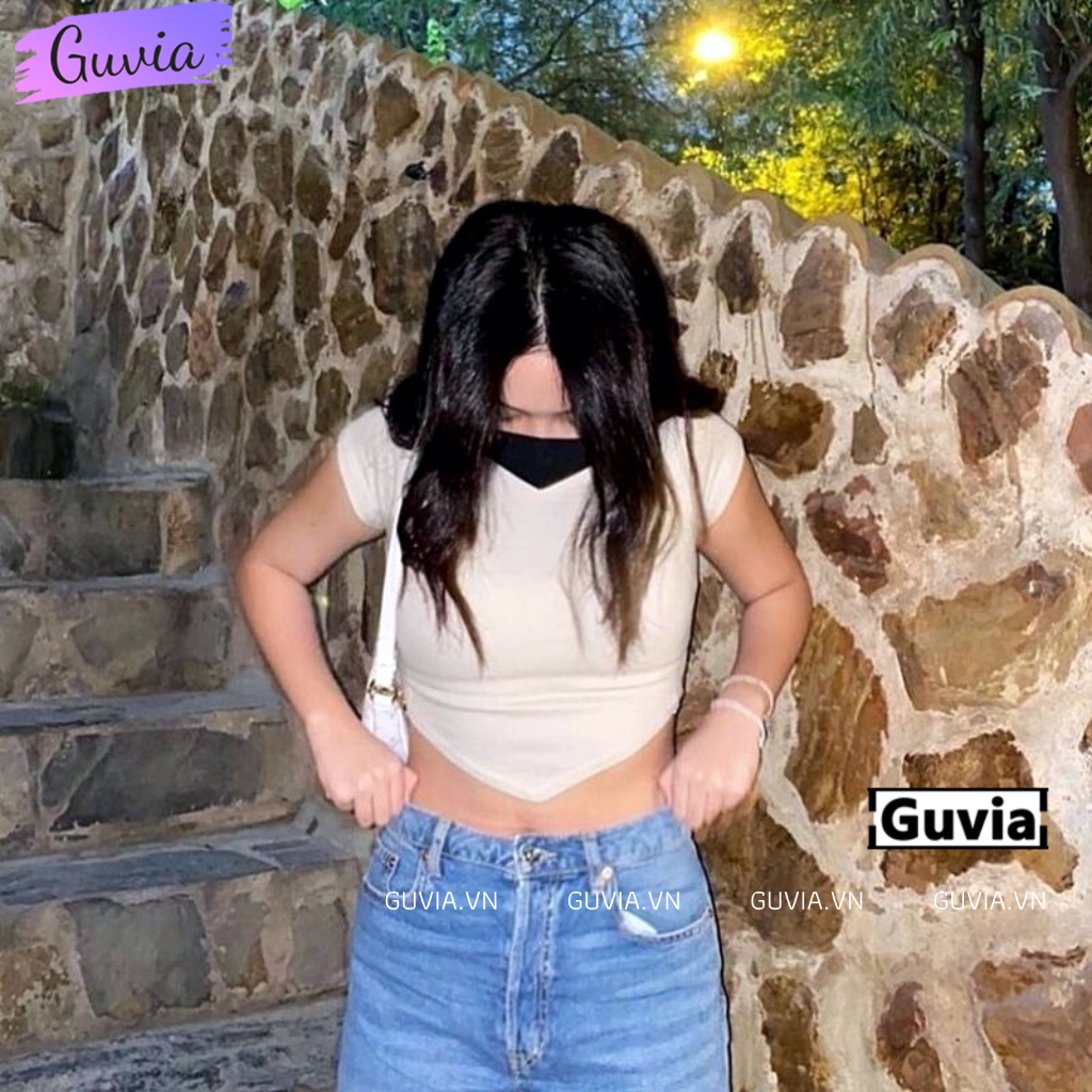 Áo Croptop TAY NGẮN VẠT NHỌN Nữ, Áo Thun Trơn Cổ Tròn Tay Ngắn Đẹp GUVIA  Mẫu Mới Về GUVIA CR41
