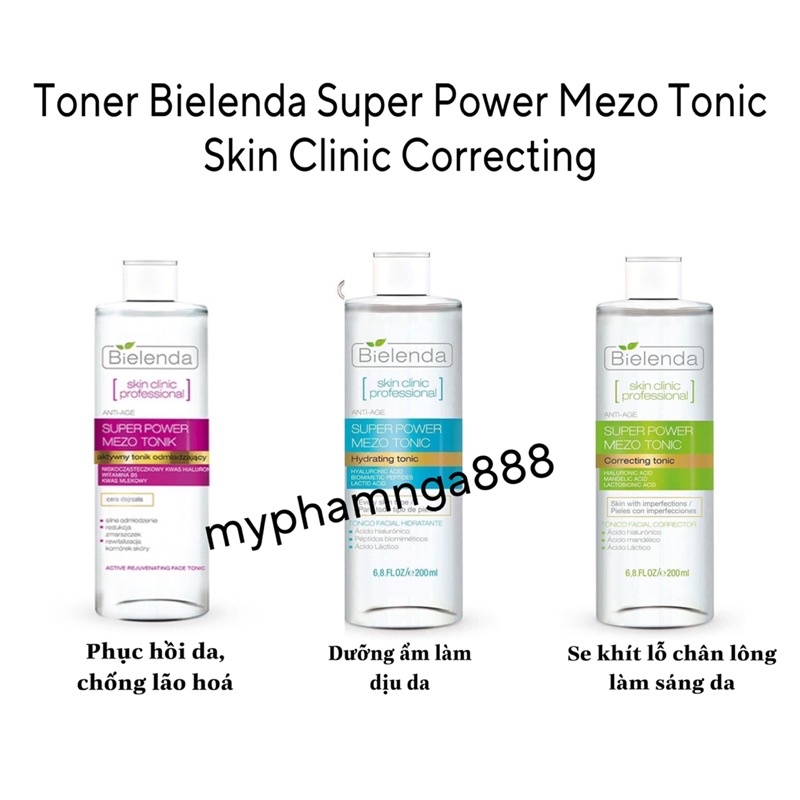 Toner Bielenda Super Power Mezo Tonic Skin Clinic Correcting/ Moisturizing làm căng bóng, sáng da, mờ thâm