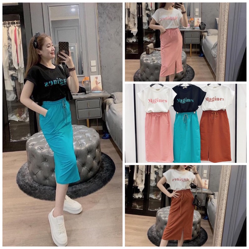bán sỉ Set áo phông chữ + chân váy maxi trơn sẻ trc