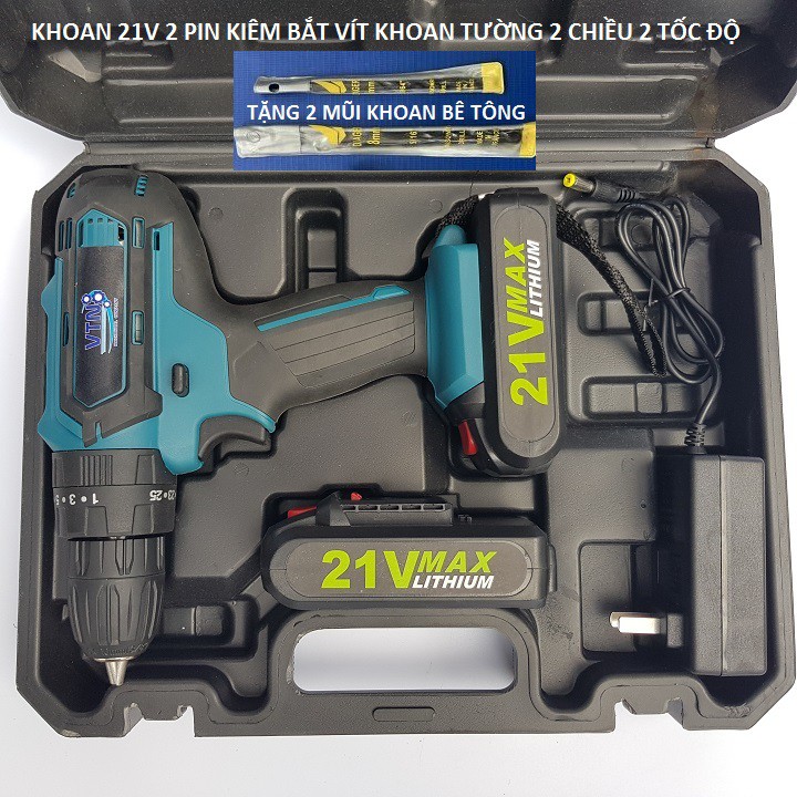 Máy Khoan Pin 21v, Kiêm Bắt Vít - Khoan Tường, Sắt, Gỗ Tặng Kèm Phụ Kiện Chính hãng VTN bảo Hành 6 Tháng