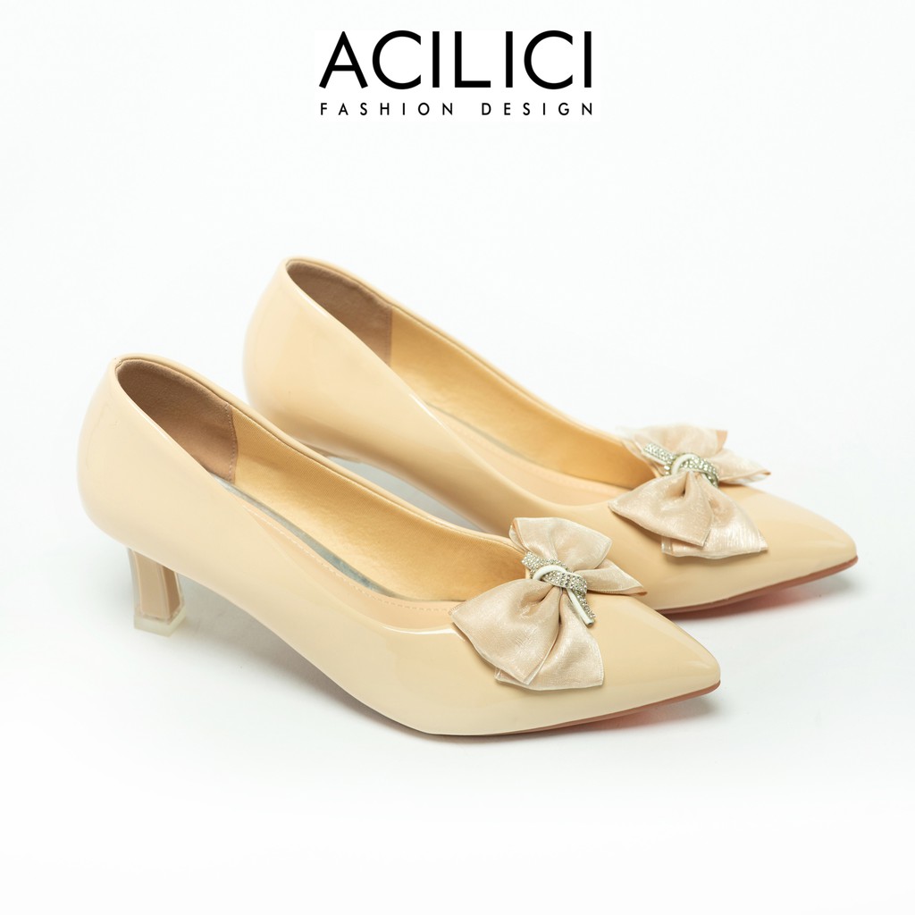 Giày cao gót nữ ACILICI thời trang, giày búp bê nữ da bóng gót nhọn cao 7p chuẩn size 35-40 màu kem_TC06