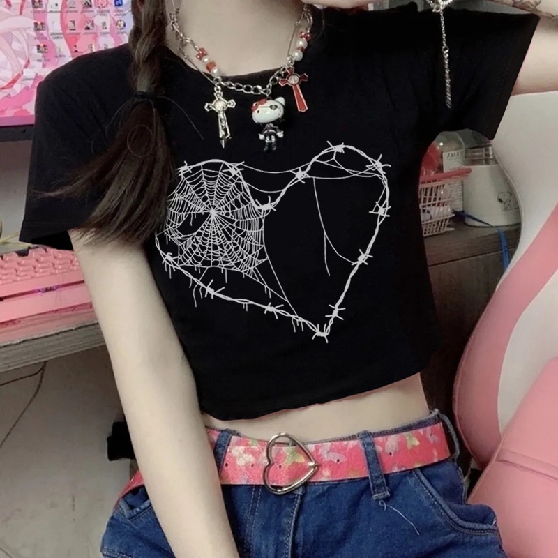 Grunge Áo Thun Crop Top In Hình Đầu Lâu Nhện Mạng Nhện Phong Cách Harajuku Đường Phố Cá Tính Đơn Giản Y2K