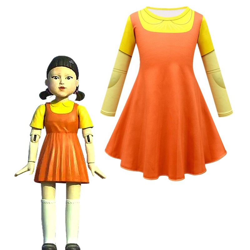 New Squid Game Robot Doll Star Cosplay Dresses Scary Yellow Little Girl Kids Short Sleeve Halloween Costume On Sale