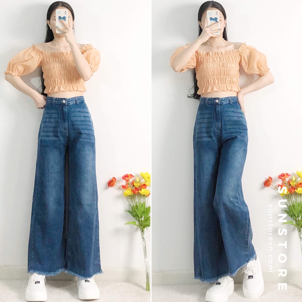 Quần jeans ống rộng lai tua rua xanh đậm