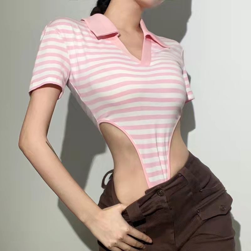 Áo liền quần MMIOT Y2K cổ chữ V tay ngắn cổ bẻ họa tiết kẻ sọc phong cách Anh quốc thời trang mùa hè 2023 cho nữ