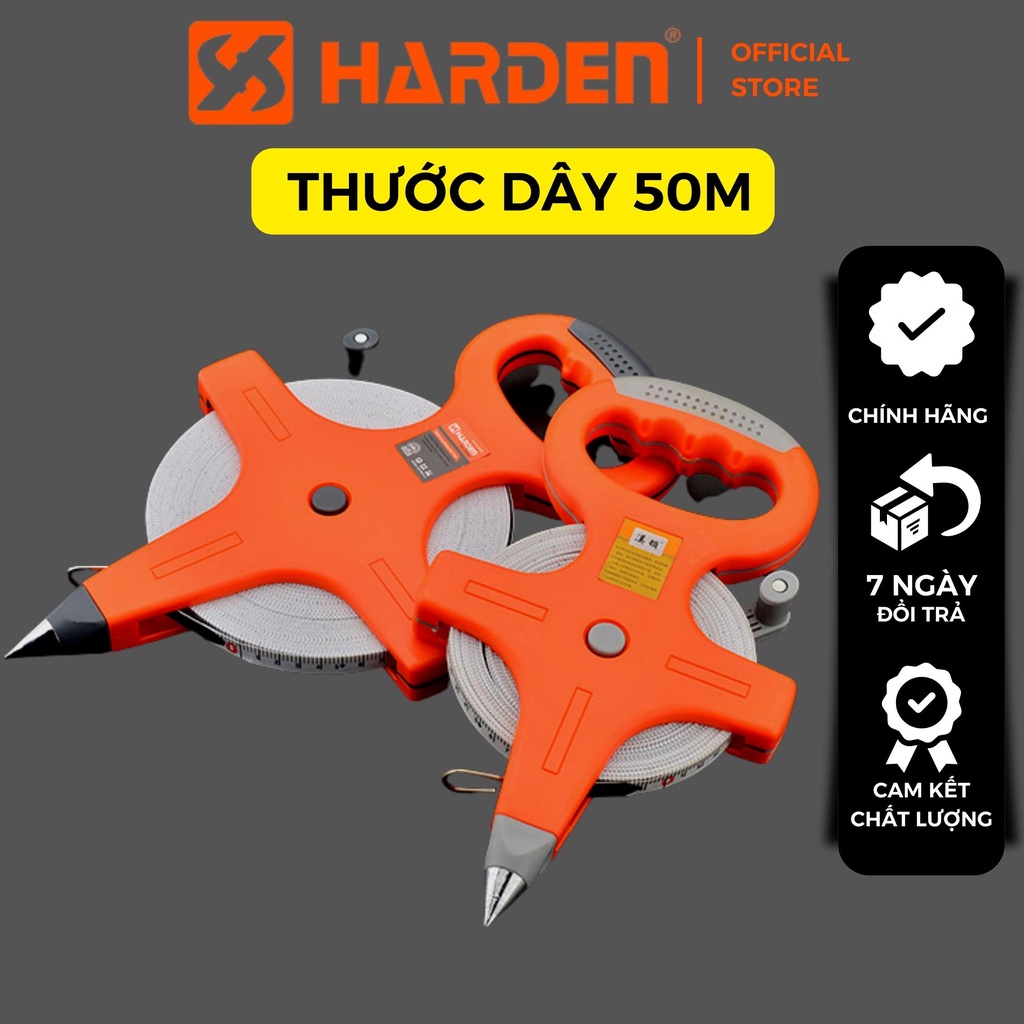 Thước dây cuộn sợi thủy tinh Harden 50mx12.5mm, thước cuốn đa năng vỏ nhựa ABS bọc cao su siêu bền, tốc độ cuốn nhanh