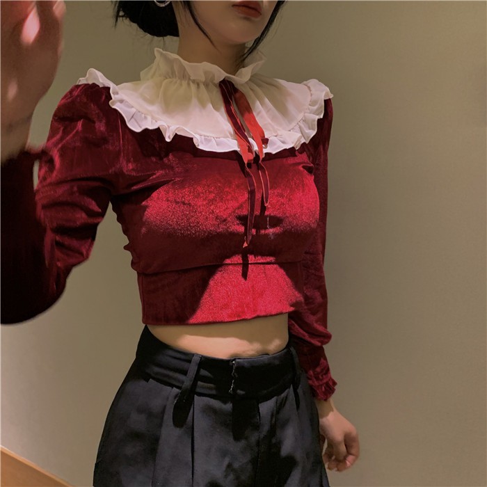 Áo croptop tay dài phối lưới voan vải nhung dây cổ bèo ulzzang ( 2 màu )