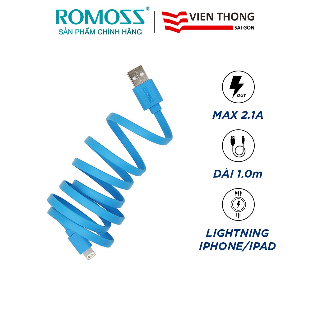 Cáp sạc nhanh lightning Romoss CB12f chống rối 1m/Sạc nhanh 2A cho iPhone/iPad (Blu) - Hãng phân phối chính thức