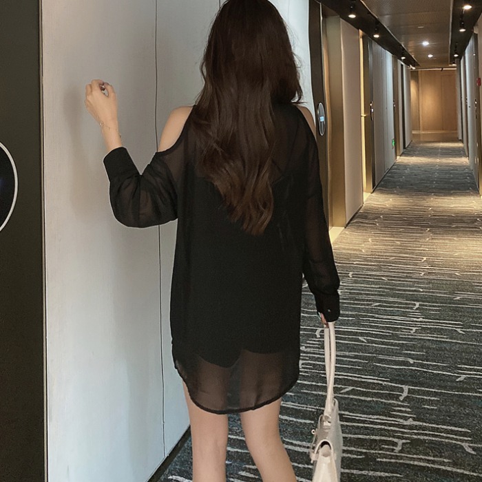 IELGY  Áo Sơ Mi chiffon Dài Tay Trễ Vai Xuyên Thấu Thời Trang Dành Cho Nữ