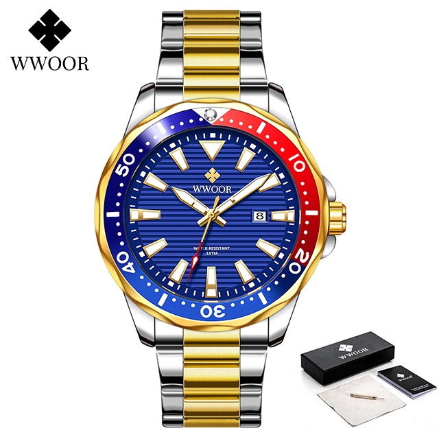 Đồng Hồ Quartz Chống Thấm Nước WWOOR Mạ Vàng 30ATM Masculino-8847