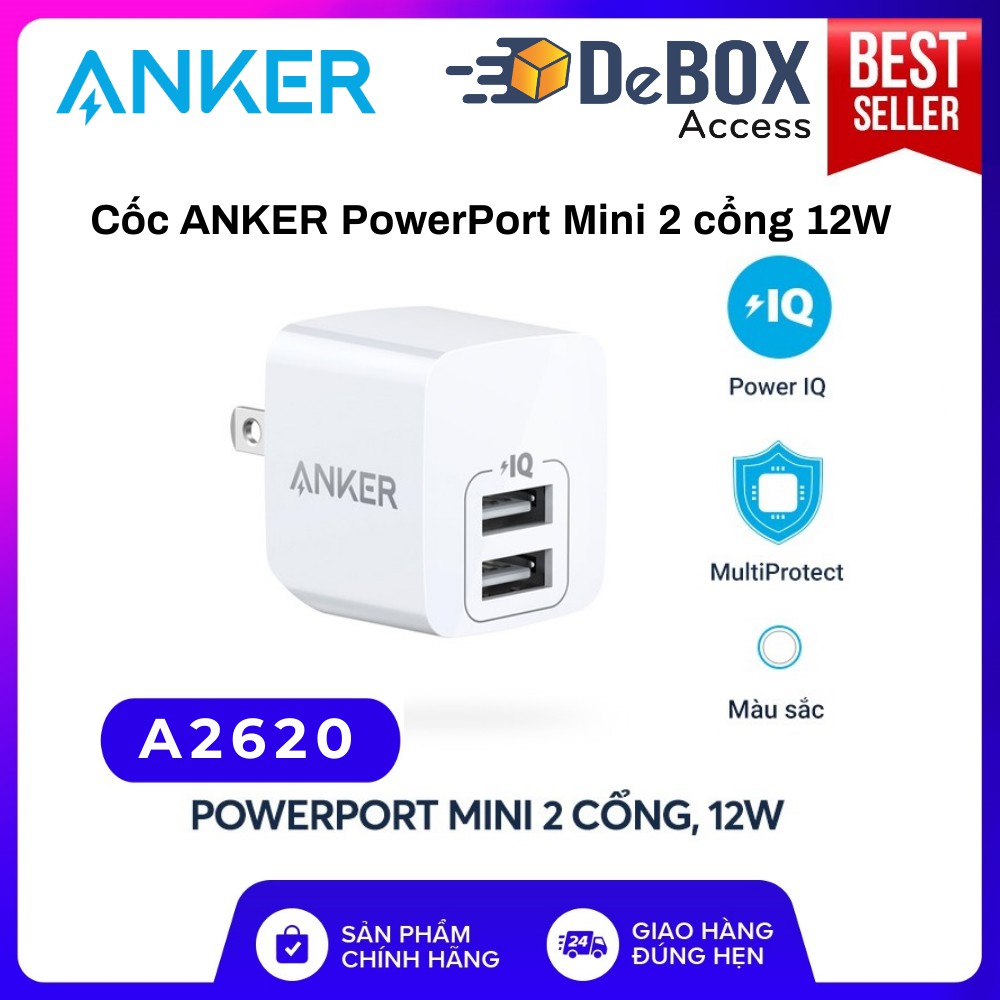 Sạc ANKER PowerPort Mini 2 cổng 12W - Mã A2620 Bảo hành 18T chính hãng