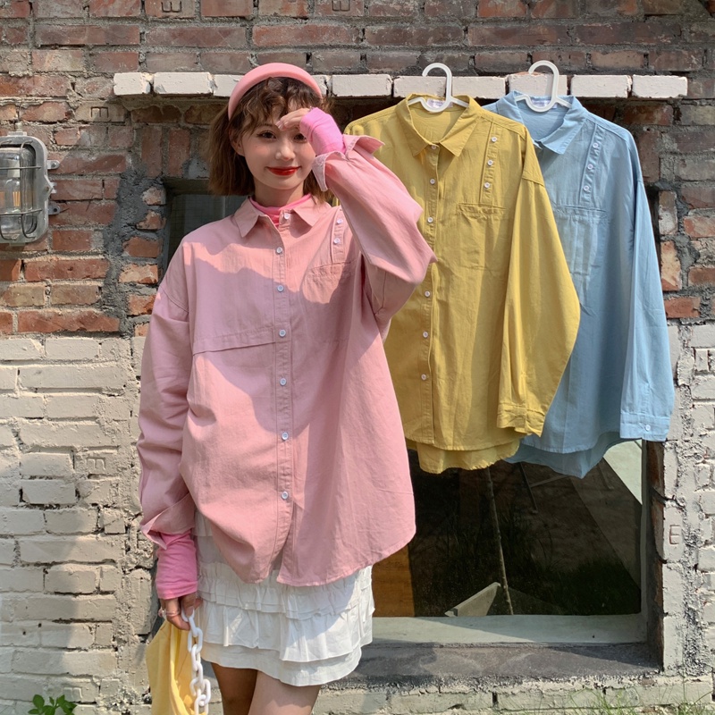 SUXI Áo sơ mi tay dài dáng rộng phong cách Hàn Quốc thời trang dành cho nữ