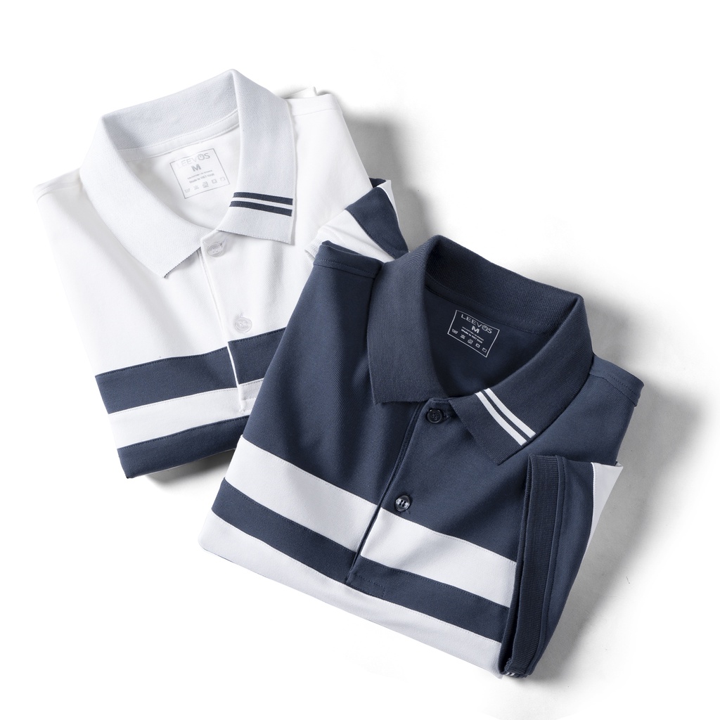 Áo Polo nam LEEVUS tông xanh phối sọc vải CVC cá sấu co giãn APL95