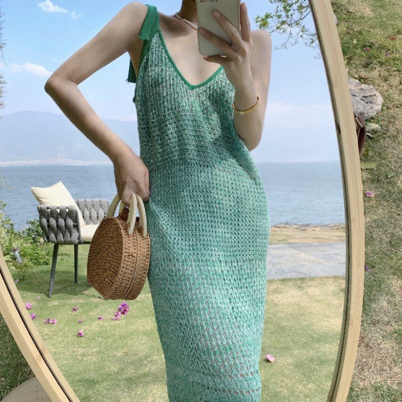 Váy đầm đi biển lưới ren LUHAZO maxi buộc 2 dây dáng dài hở lưng bikini phong cách kiểu hàn quốc suông xuông mẫu 2022 DK