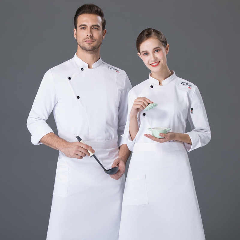 Trang phục đầu bếp nam dài tay màu trắng trang phục công sở nhà bếp đồ ăn tây khách sạn đầu bếp mùa thu đông phong cách Trung Quốc sành điệu dày dặn cho nữ