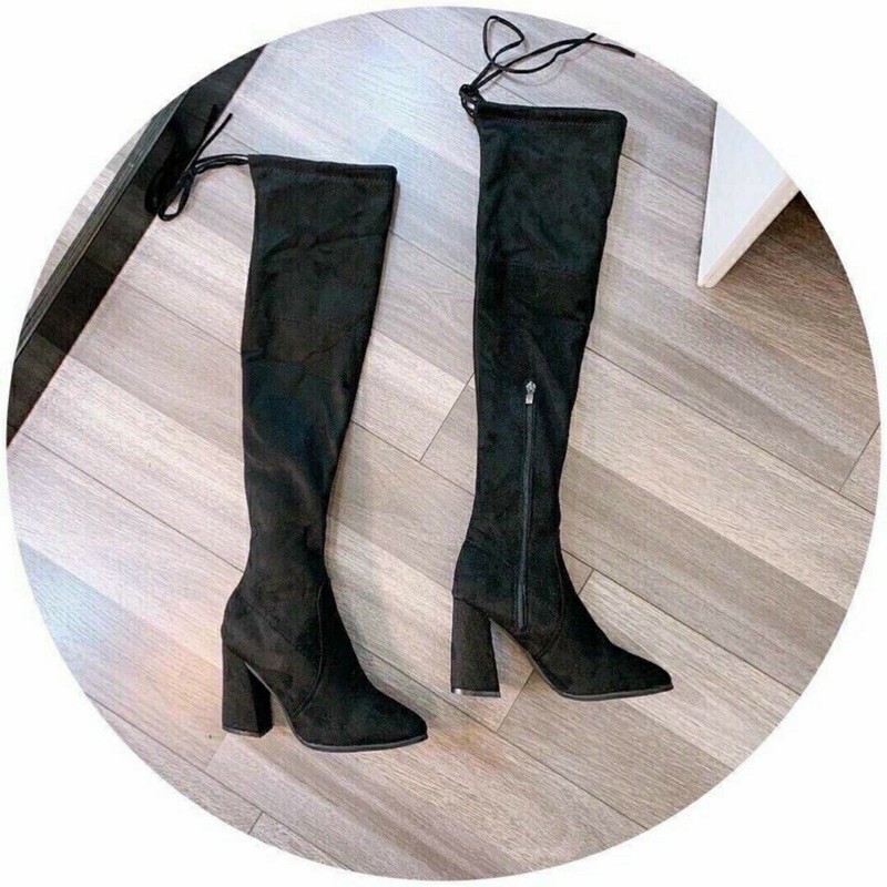 Freeship_Bốt đùi da lộn lót lông khoá cạnh dây sau gót vuông 7 phâncao cấp full box | BigBuy360 - bigbuy360.vn